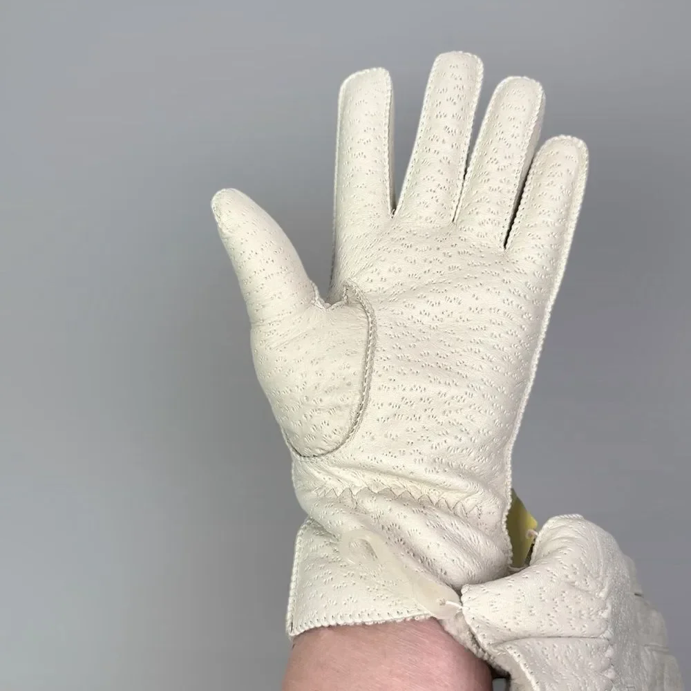 New Aris Ivory Gloves Buckaroo Perforated Leather Faux Fur Lining size M Vintage